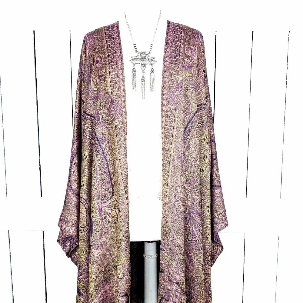 Tan purple tribal paisley pashmina kimono cover up